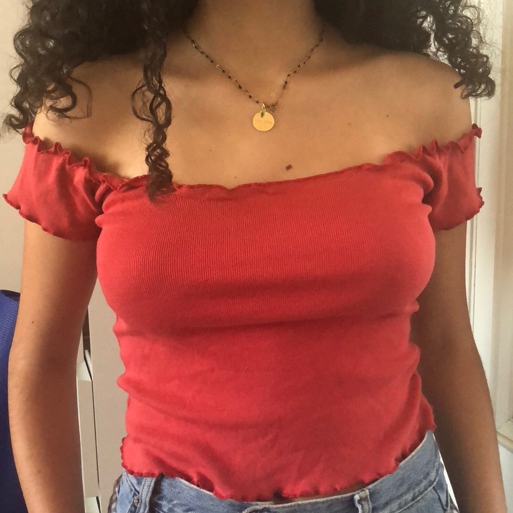 red ruffled off the shoulder top